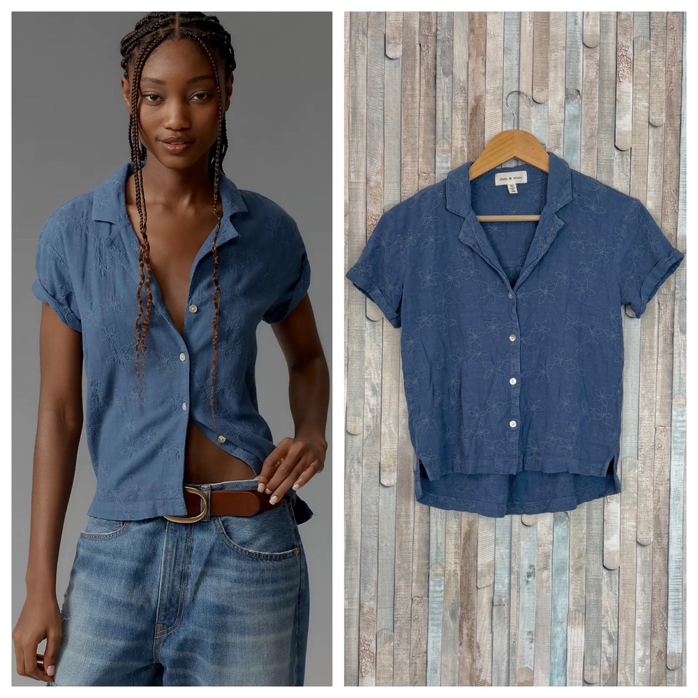 Anthropologie XXS Cloth Stone Floral Embroidered Linen Buttondown Shirt Top Boxy